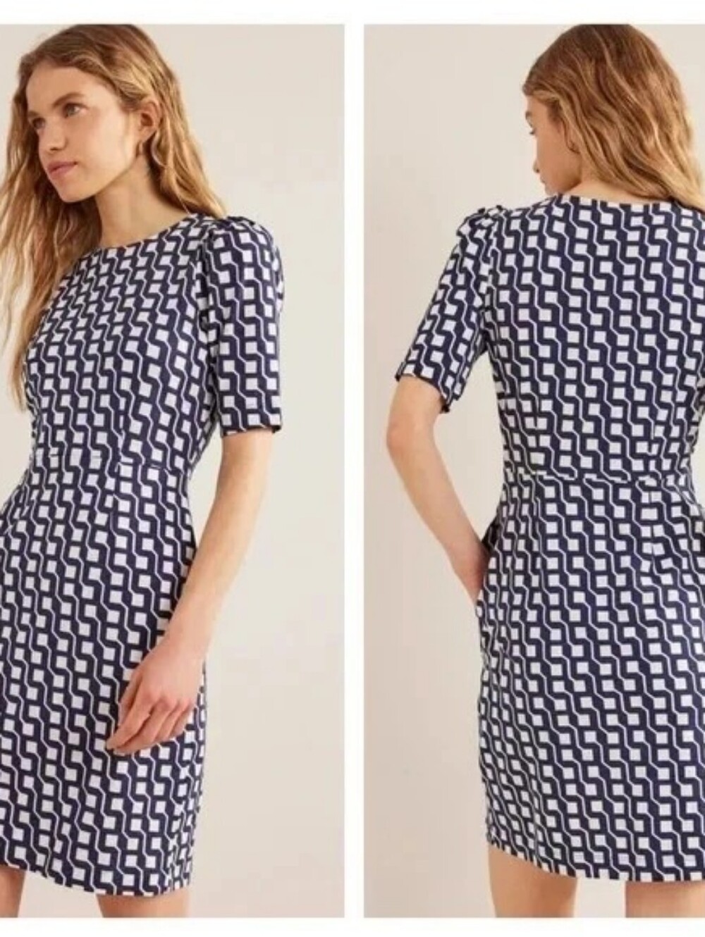Boden Zoe Navy and White Geometric Sheath Dress